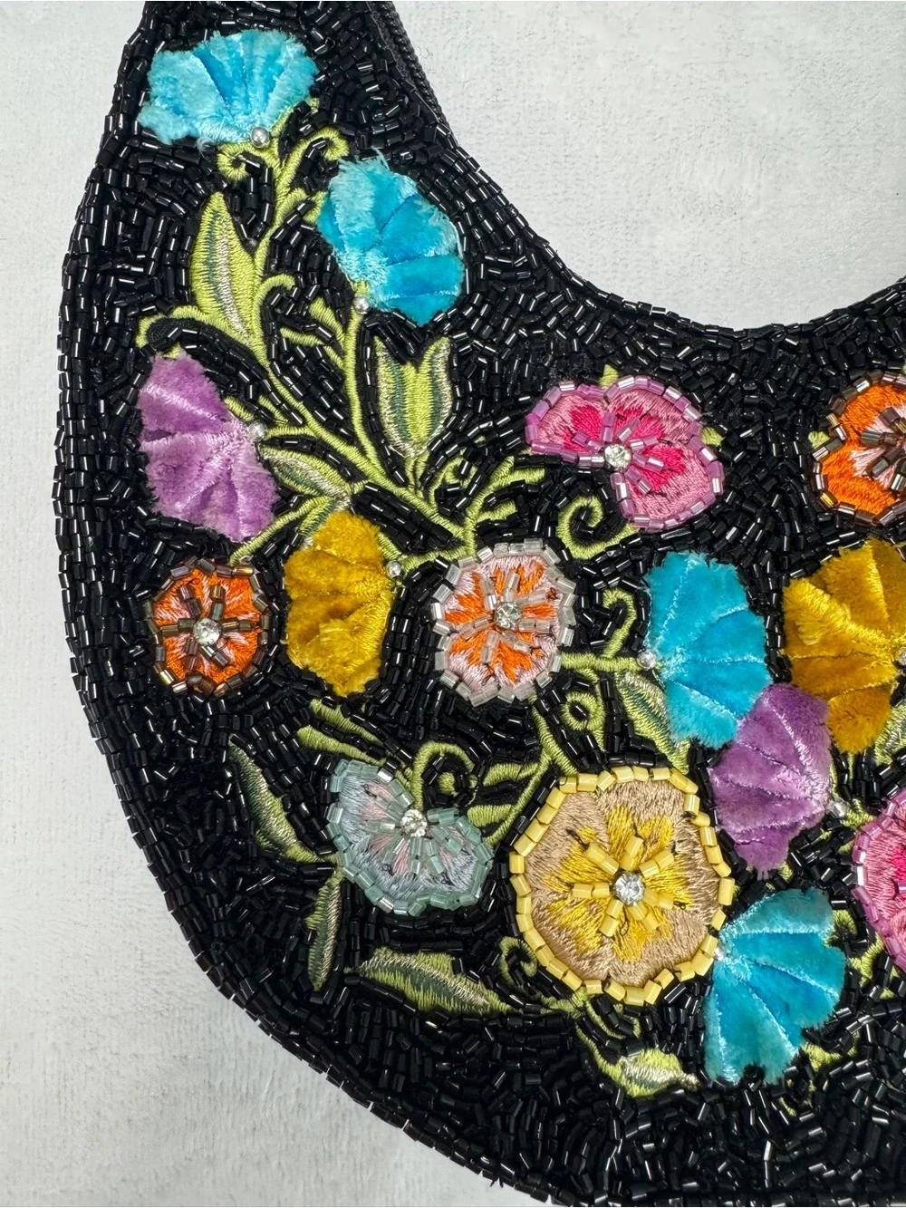 Studio 12 Black Beaded Floral Velvet Shoulder Bag Tassel Y2K